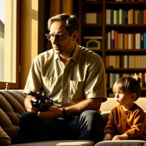 Un hombre preocupado observa a su hijo en casa