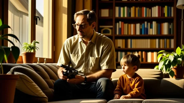 Un hombre preocupado observa a su hijo en casa