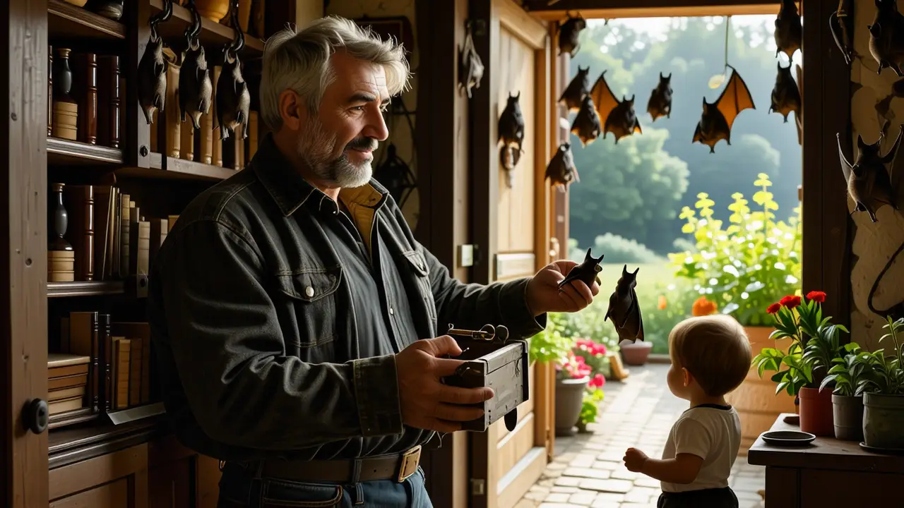 Un hombre amable cuida una murciélago en casa