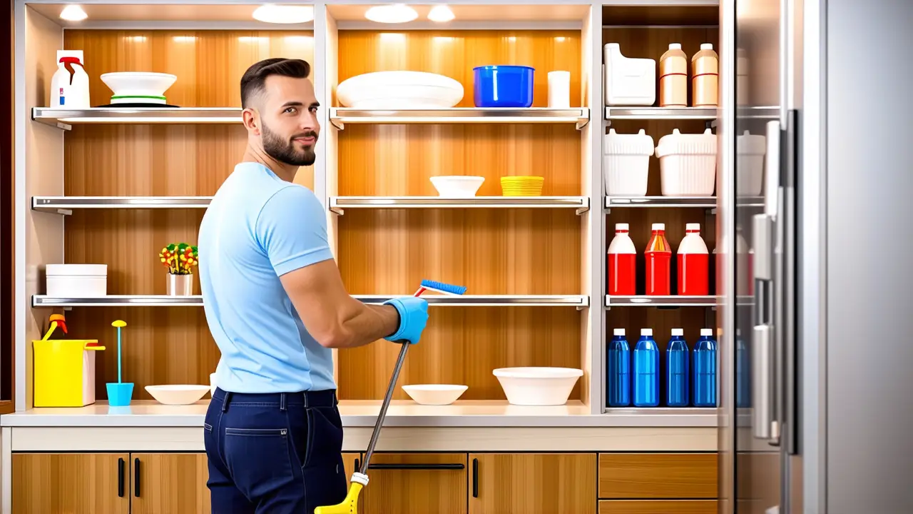 Hombre limpio en cocina, orden y calma