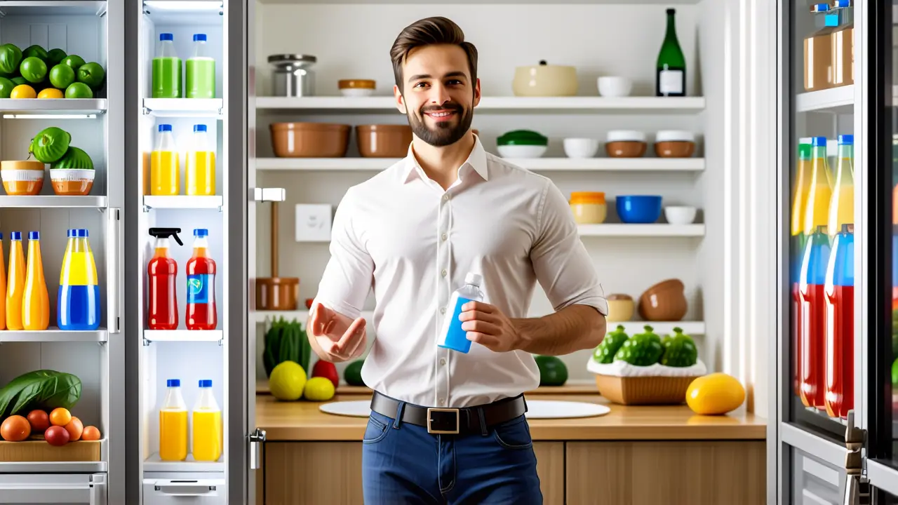 Un hombre limpio y sonriente limpia su cocina