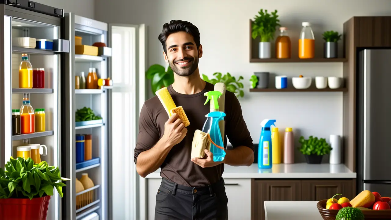 Un hombre limpio y amable limpia la cocina