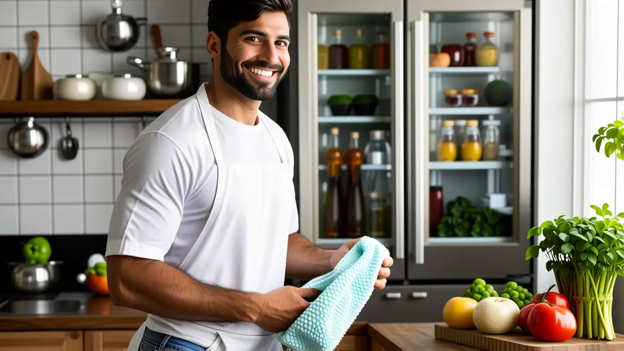 Hombre limpio, sonríe limpiando una cocina cálida