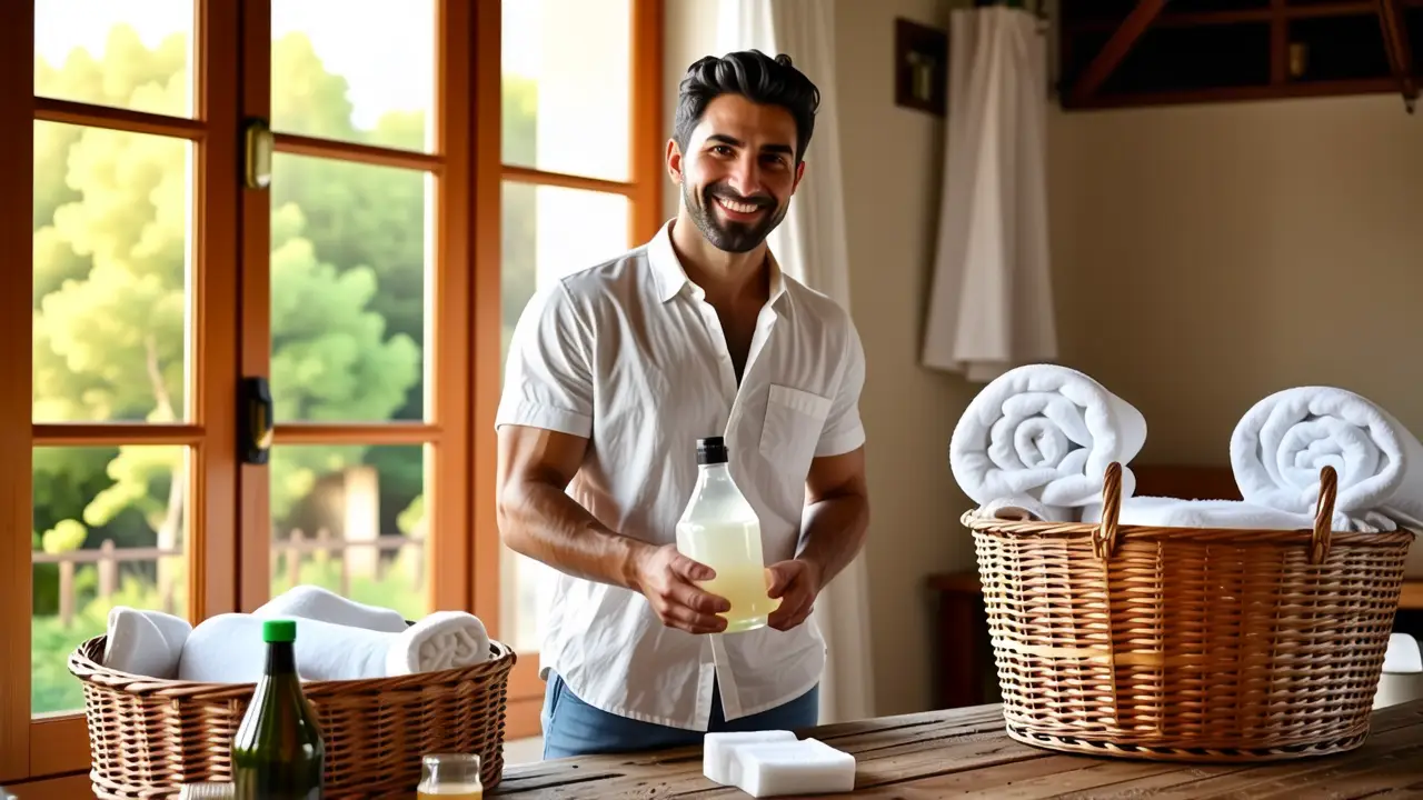 Un hombre blanco limpia con tranquilidad en casa