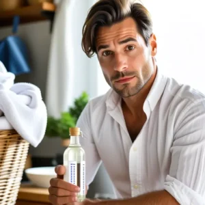 Un hombre blanco examina vinagre en cocina