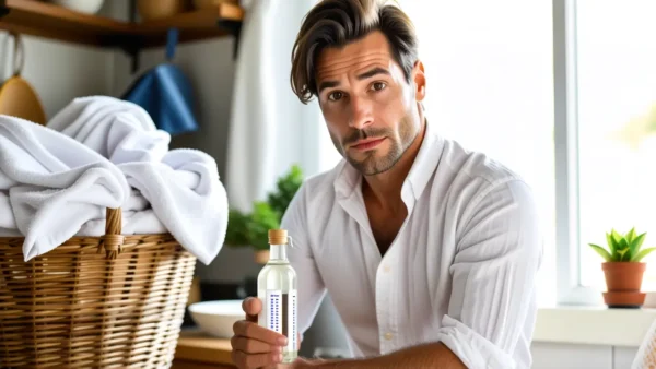 Un hombre blanco examina vinagre en cocina