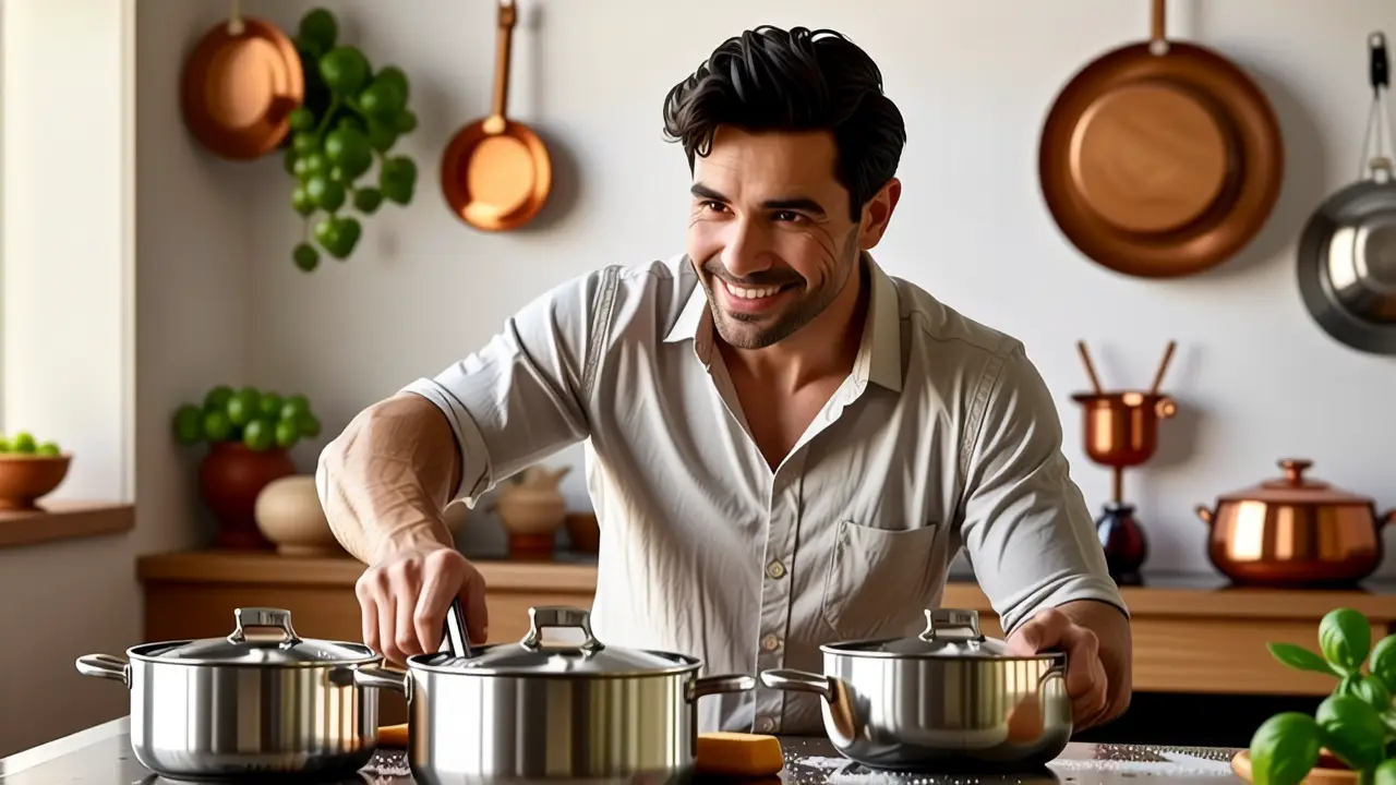 Un hombre caucasiano limpia con cuidado en cocina