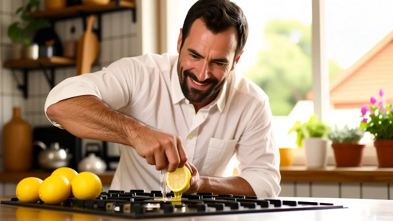 Un hombre español sonríe con limón en cocina