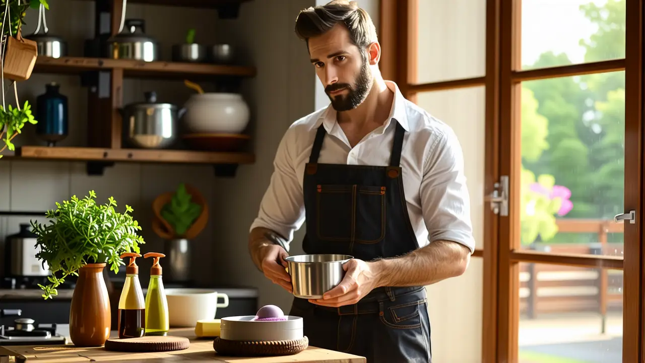 Un hombre pensativo sostiene una olla en luz cálida