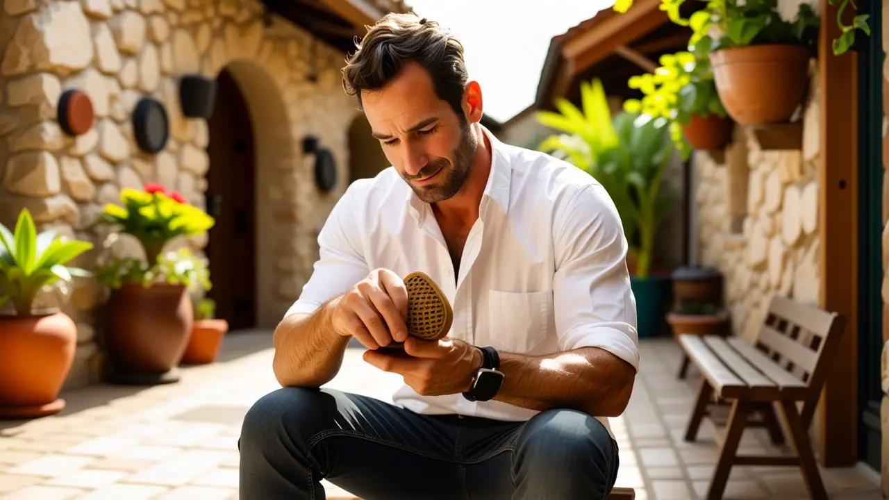 Quitar Mal Olor Zapatos: Remedios Efectivos 3 Un hombre español examina zapatos en un patio soleado