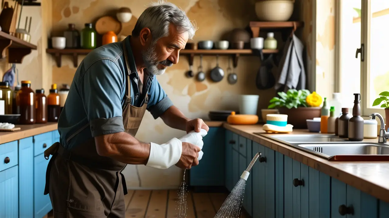 Un hombre español limpia con cuidado