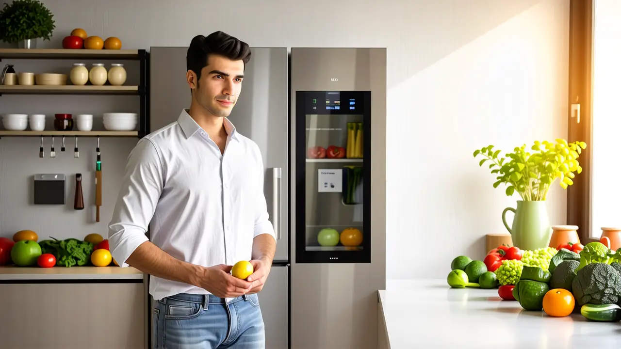 Un hombre pensativo disfruta una cocina moderna y fresca