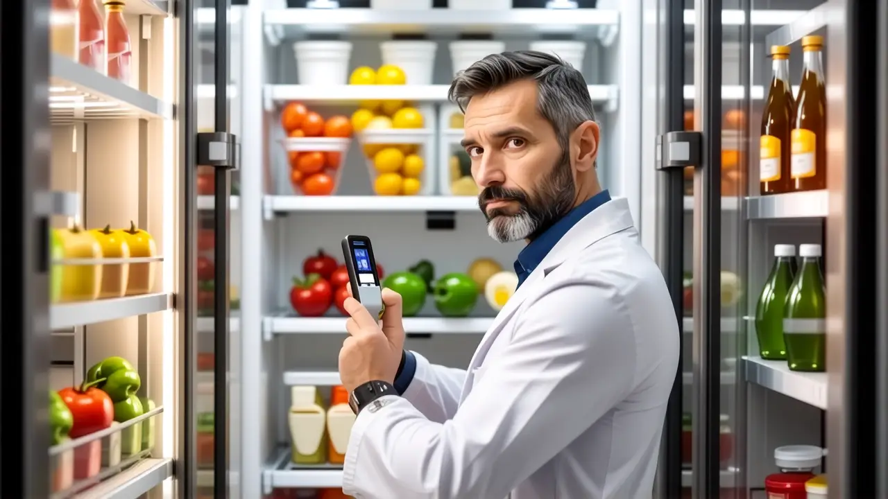 Un científico examina la nevera con precisión