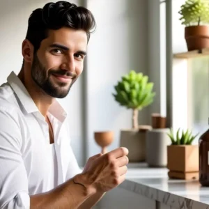 Un hombre tranquilo sostiene crema para pies