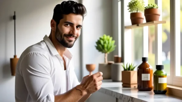 Un hombre tranquilo sostiene crema para pies