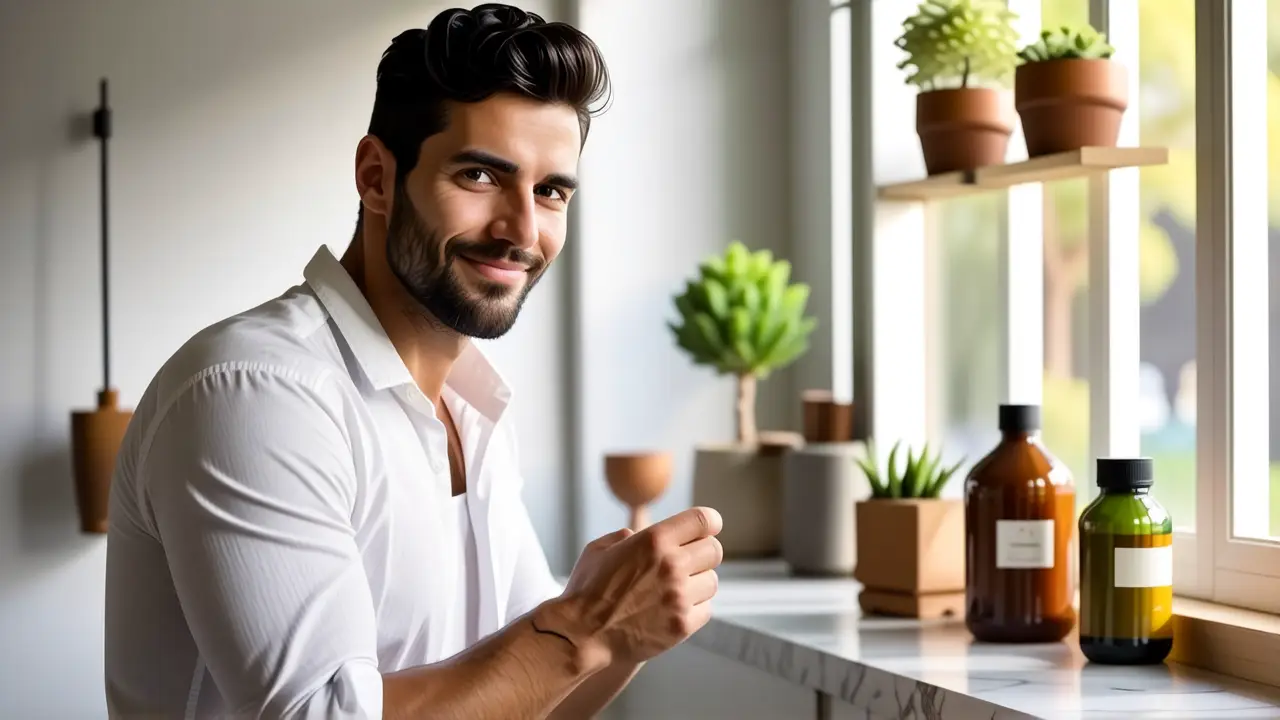 Un hombre tranquilo sostiene crema para pies