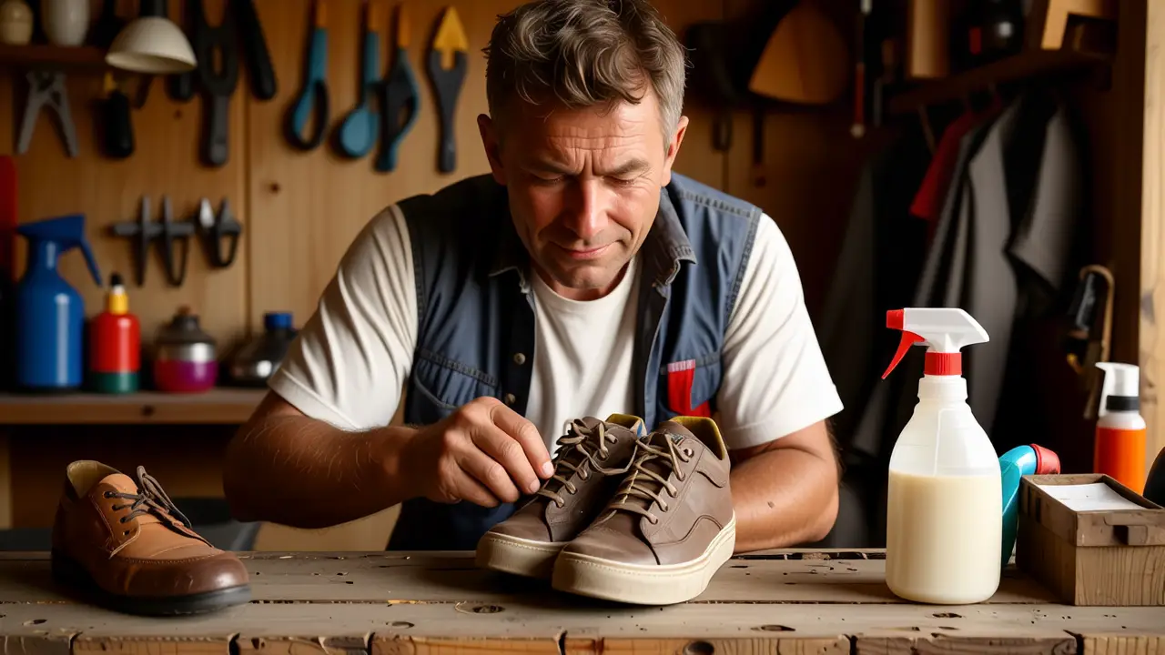 Quitar Olor Zapatillas: Guía Completa 3 Un hombre examina zapatos en un taller rústico