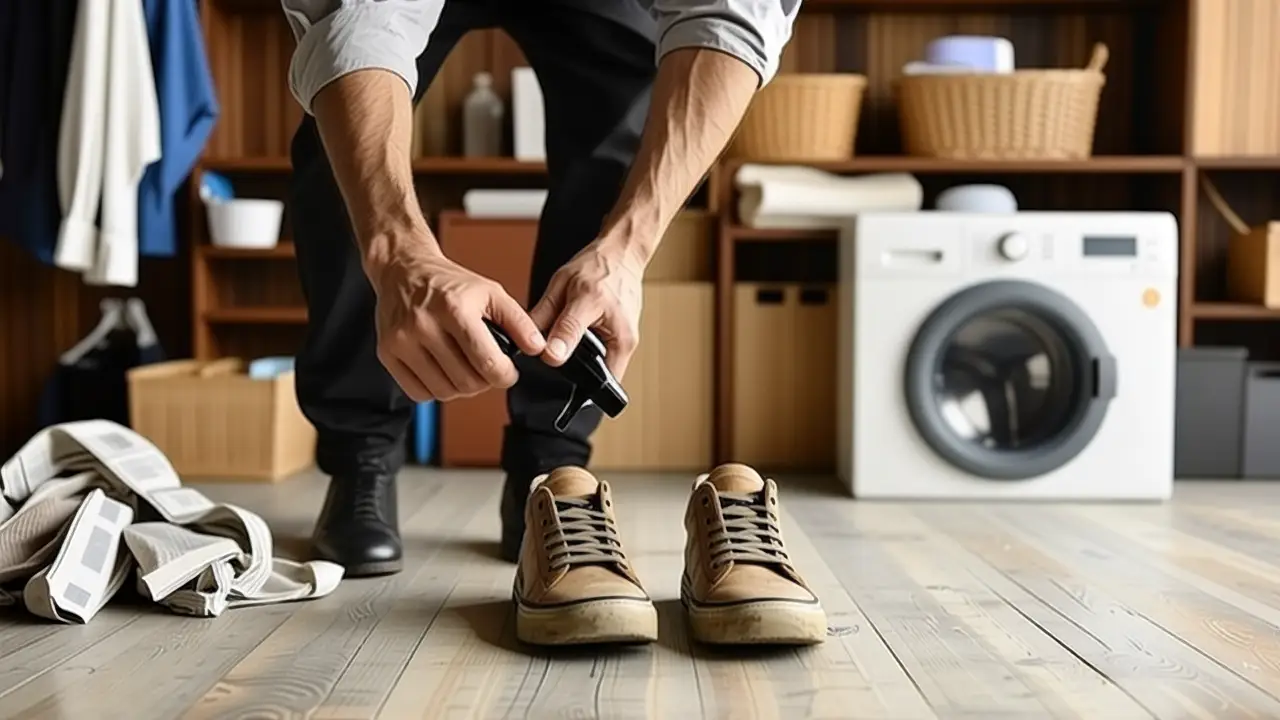 Quitar Olor Zapatillas: Guía Completa 2 Un hombre pensativo rocía zapatos en una lavandería