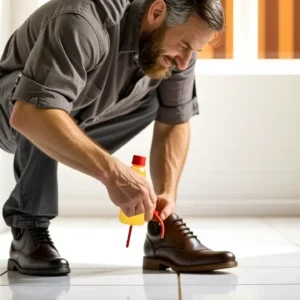Un hombre sonríe en un baño limpio