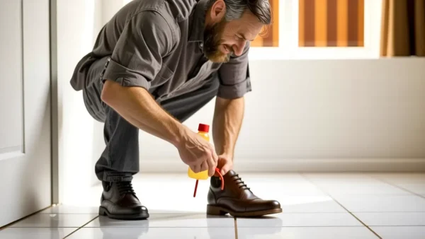 Un hombre sonríe en un baño limpio