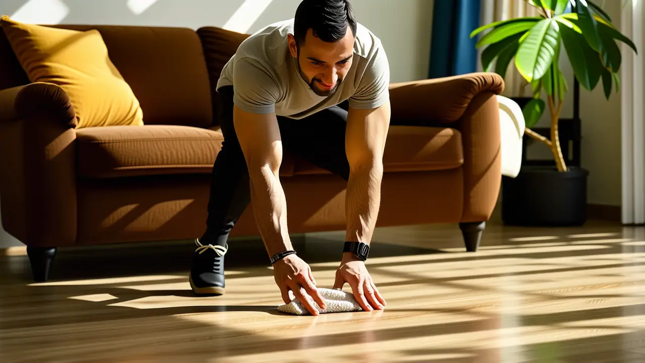 Un hombre limpio sonríe mientras limpia