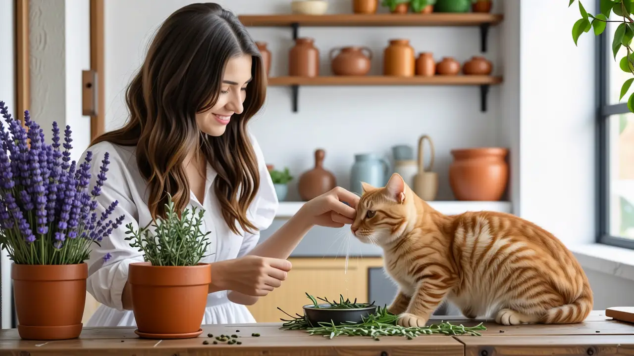 Una mujer española cuida a su gato en la luz dorada