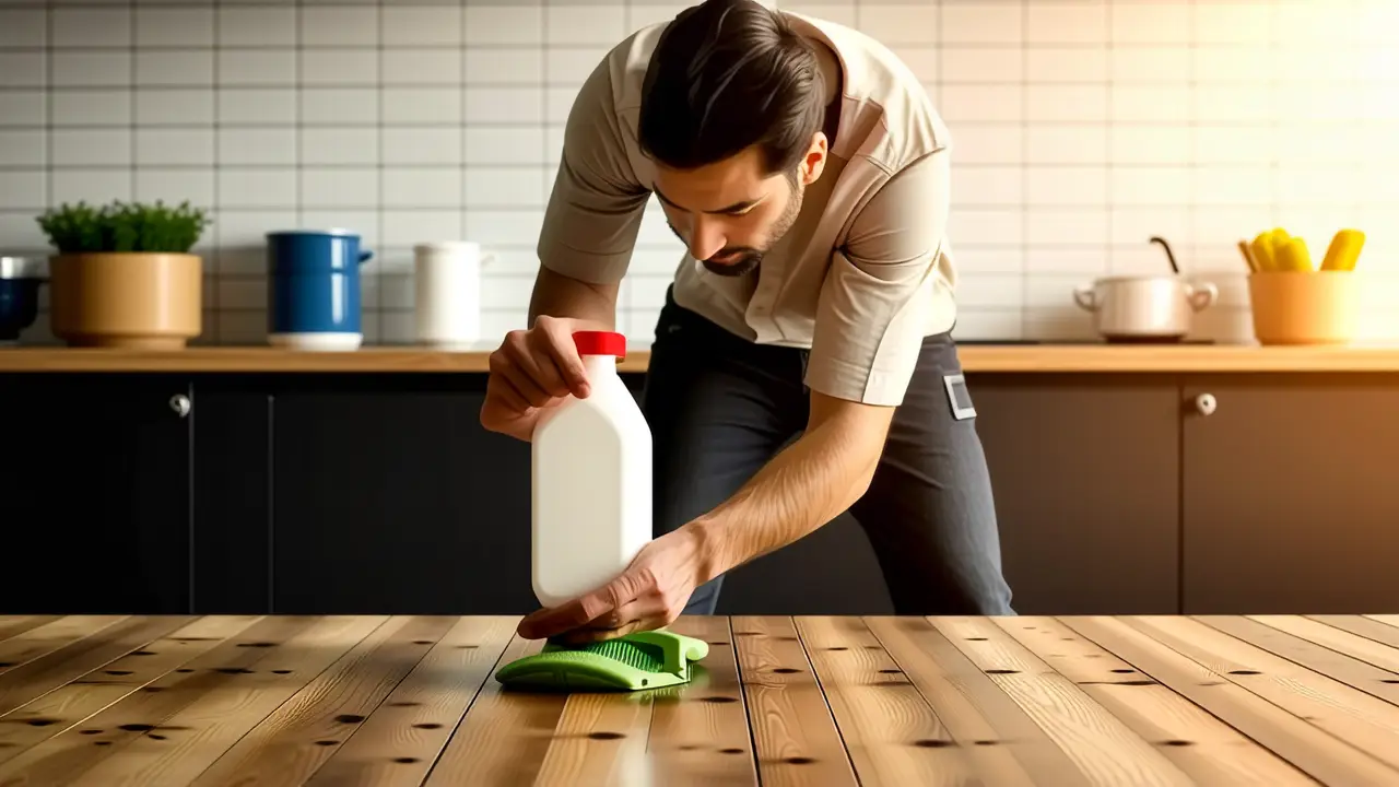 Un hombre pensativo limpia madera en cocina