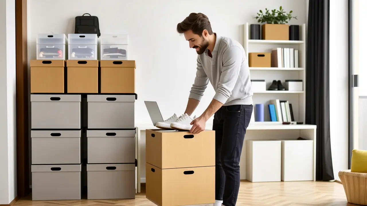 Un hombre en un espacio minimalista levanta zapatos