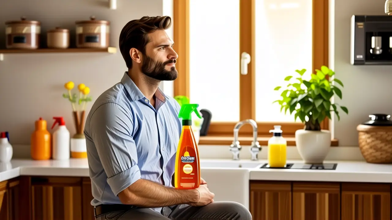 Un hombre pensativo sostiene OxiClean en cocina