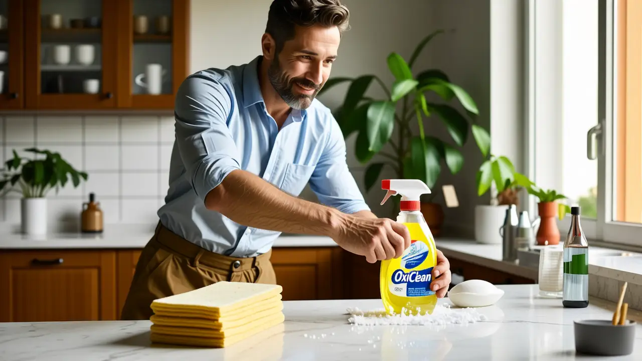 Un hombre sonriente limpia con optimismo