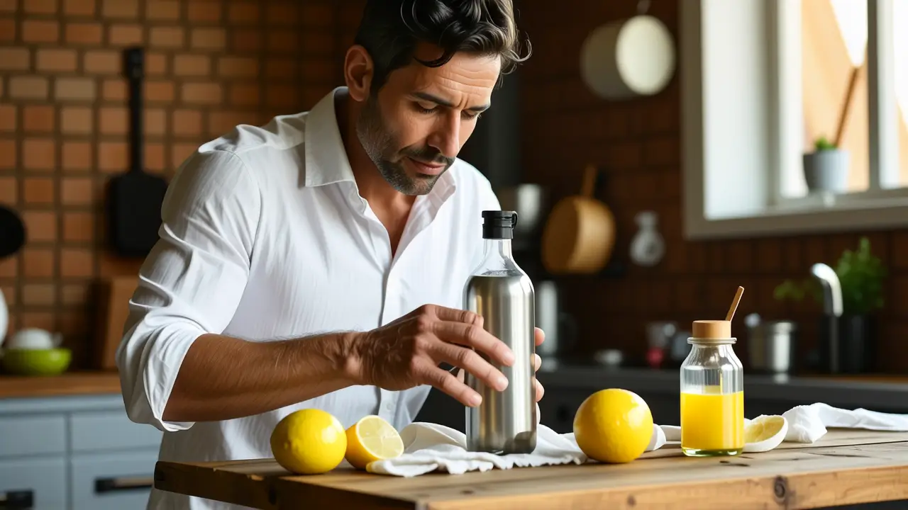 Quitar Oxido Acero Inoxidable: Guía Rápida 3 Un hombre tranquilo limpia una botella en cocina