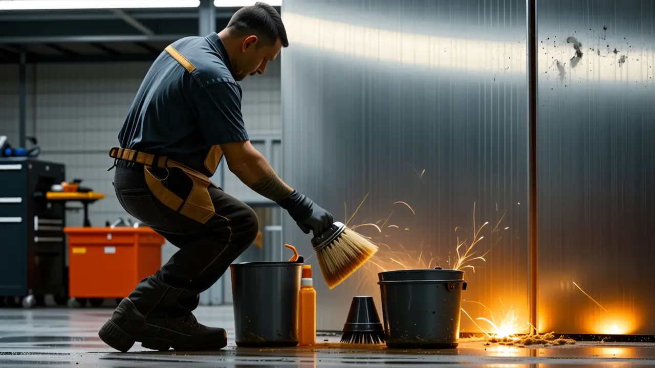 Quitar Oxido Acero Inoxidable: Guía Rápida 4 Técnico limpiando acero en taller oscuro