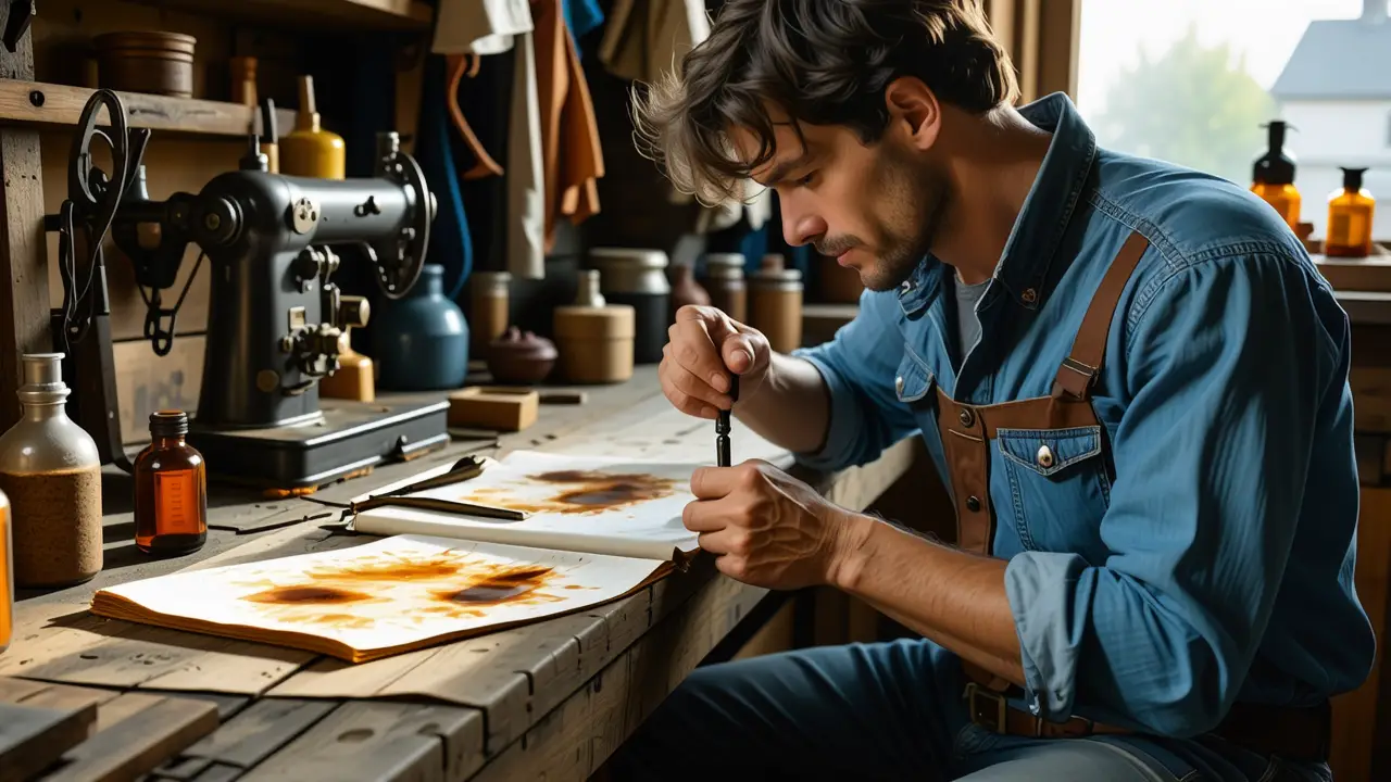 Quitar Oxido Ropa: Guía Efectiva y Fácil 2 Un fotógrafo examina meticulosamente una mancha en tela