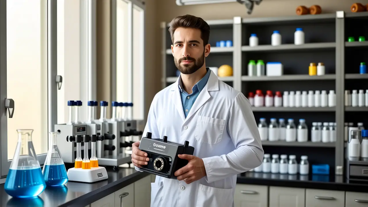 Limpieza con Ozono: Desinfección Lavadora 57 3 Un científico pensativo usa un generador en laboratorio