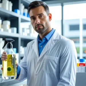 Un científico serio examina aire y bacterias