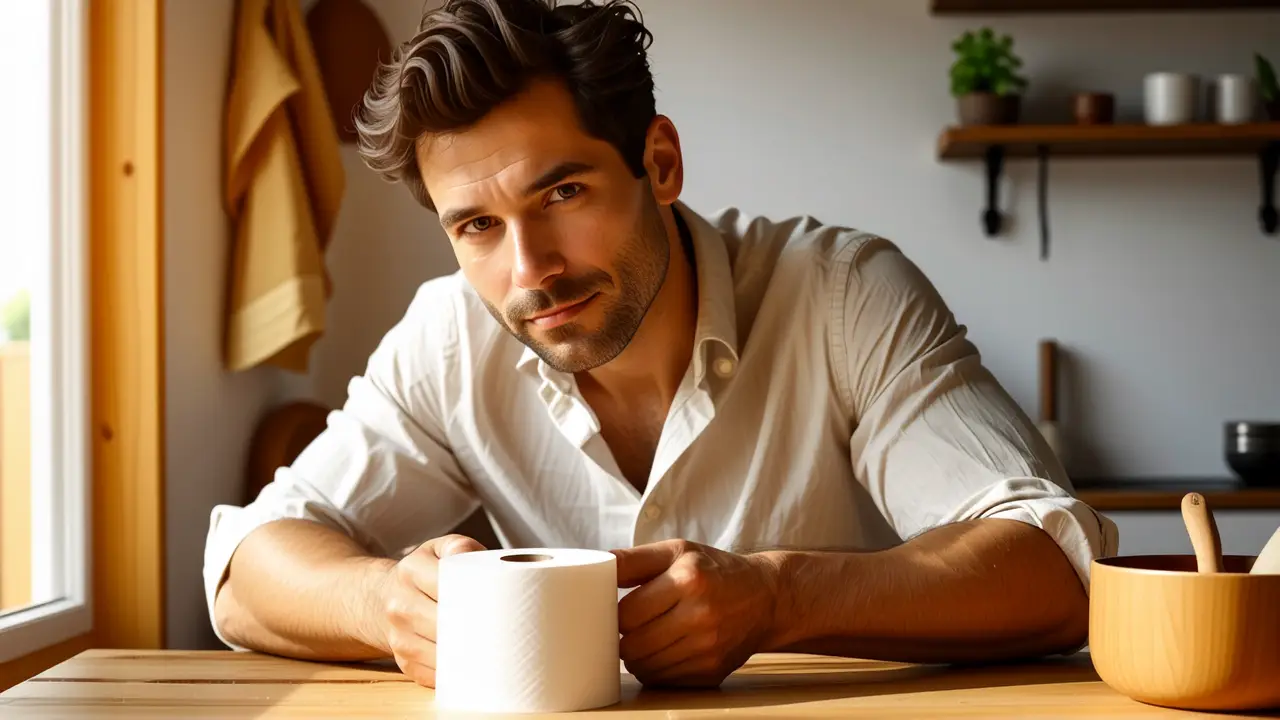 Un hombre pensativo examina papel absorbente