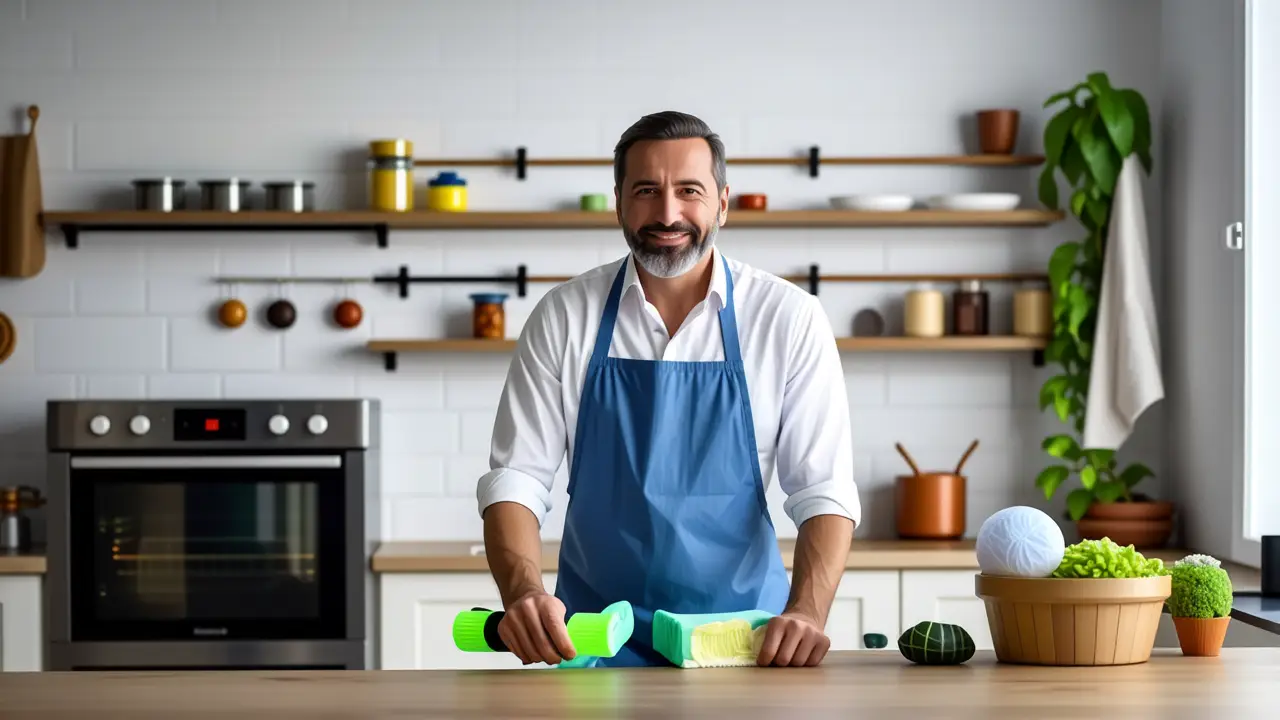 Hombre sonríe en cocina realista y cálida