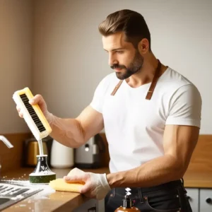 Cómo Limpiar Hornos: Guía Completa y Efectiva 9 Un hombre limpia con determinación en cocina