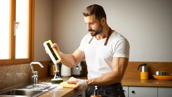 Un hombre limpia con determinación en cocina