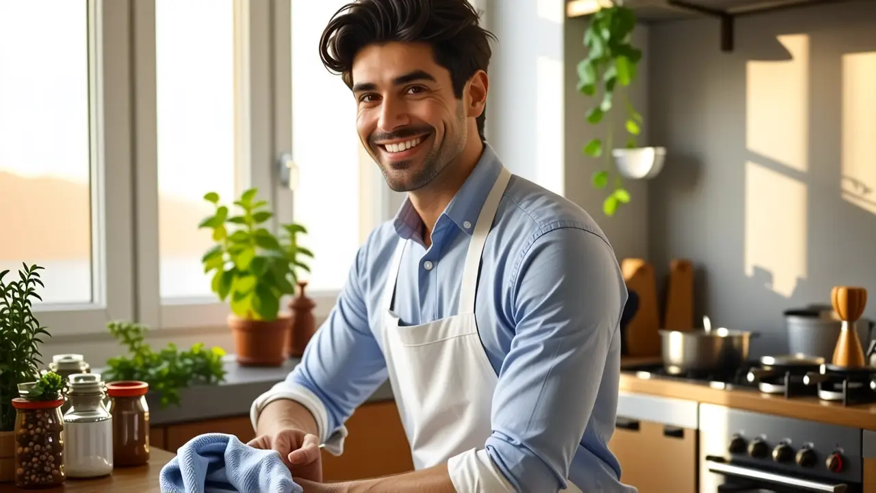 Un hombre sonríe junto a una cocina cálida