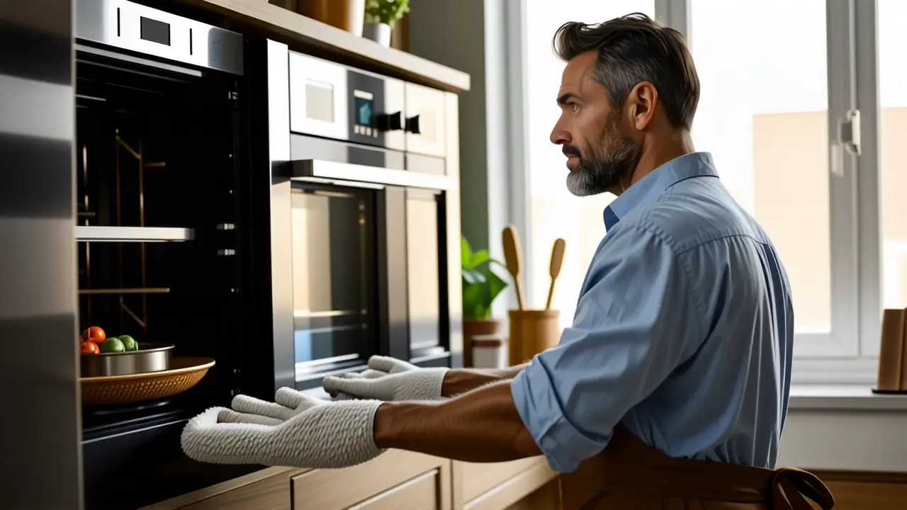 Hombre limpiando horno con luz cálida