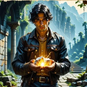 Un hombre serio sostiene una piedra brillante en ruinas místicas