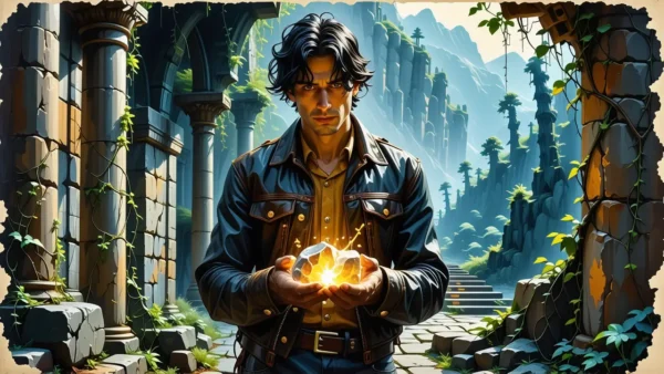 Un hombre serio sostiene una piedra brillante en ruinas místicas