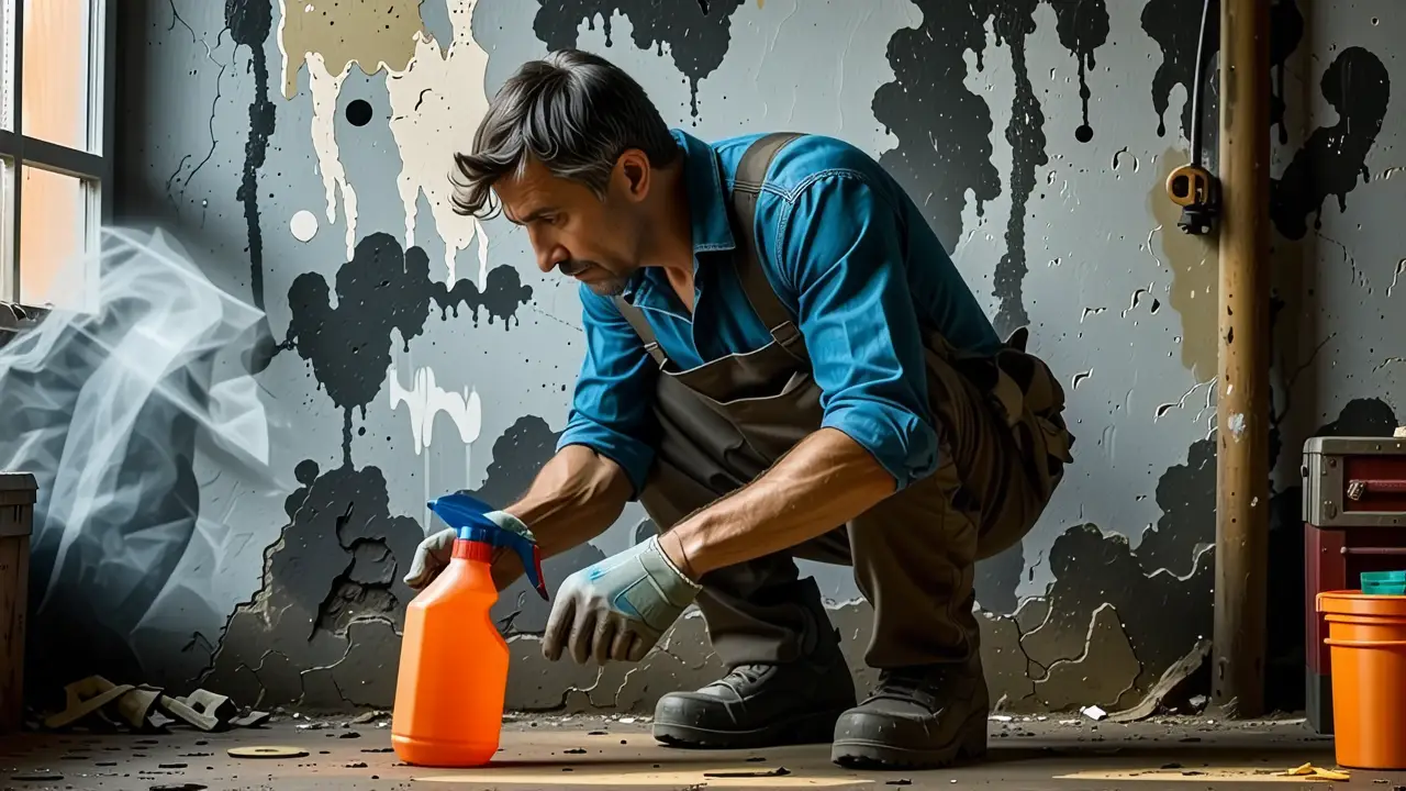 Paso Antimoho: Elimina Moho Profundo y Seguro 3 Un hombre limpiando moho con precaución en un taller