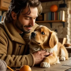 Ropa para perro: Crea abrigos caseros fáciles 13 Un hombre amable acaricia a su perro en casa