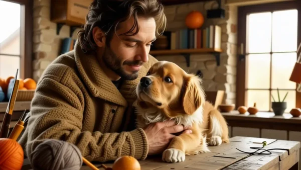 Un hombre amable acaricia a su perro en casa