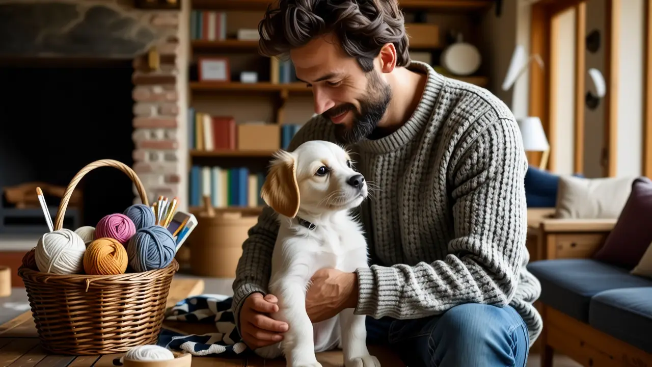 Ropa para perro: Crea abrigos caseros fáciles 3 Un hombre amable acaricia a su perro en casa