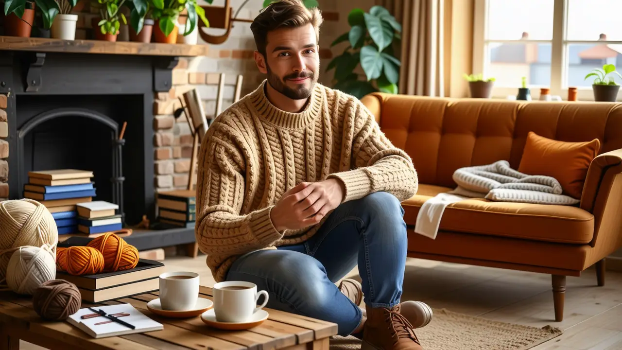 Ropa para perro: Crea abrigos caseros fáciles 2 Un hombre amable teje en un hogar cálido