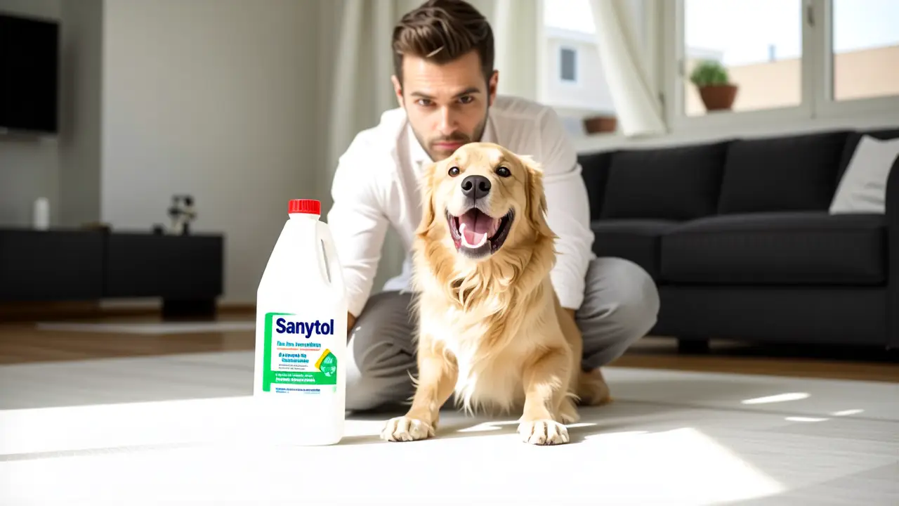 Un hombre preocupado sostiene Sanytol con su perro