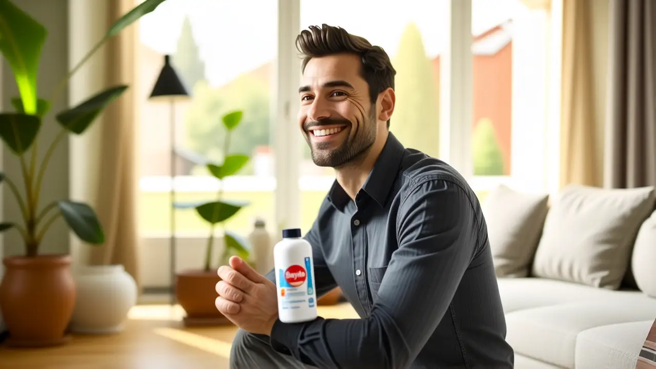 Hombre casual con Sanytol en interior moderno